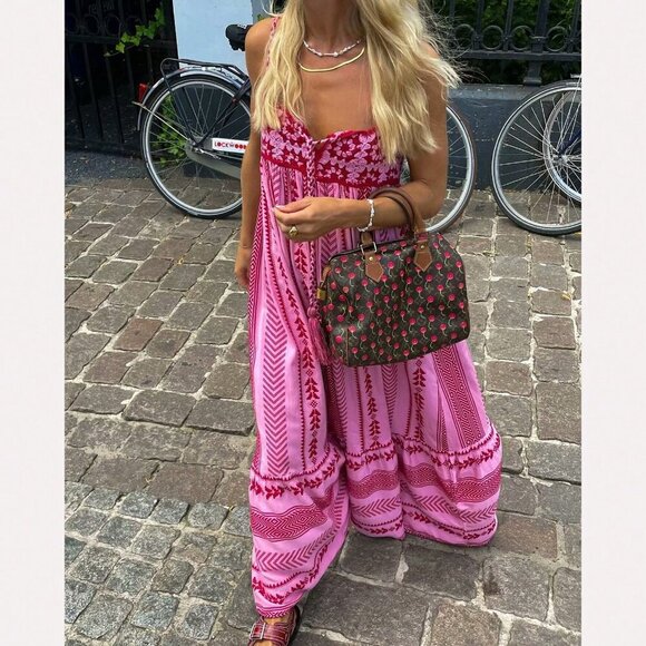 Pink Boho Women's Sleeveless Spaghetti Strap Flowy Beach Maxi Dress - Picture 2 of 6